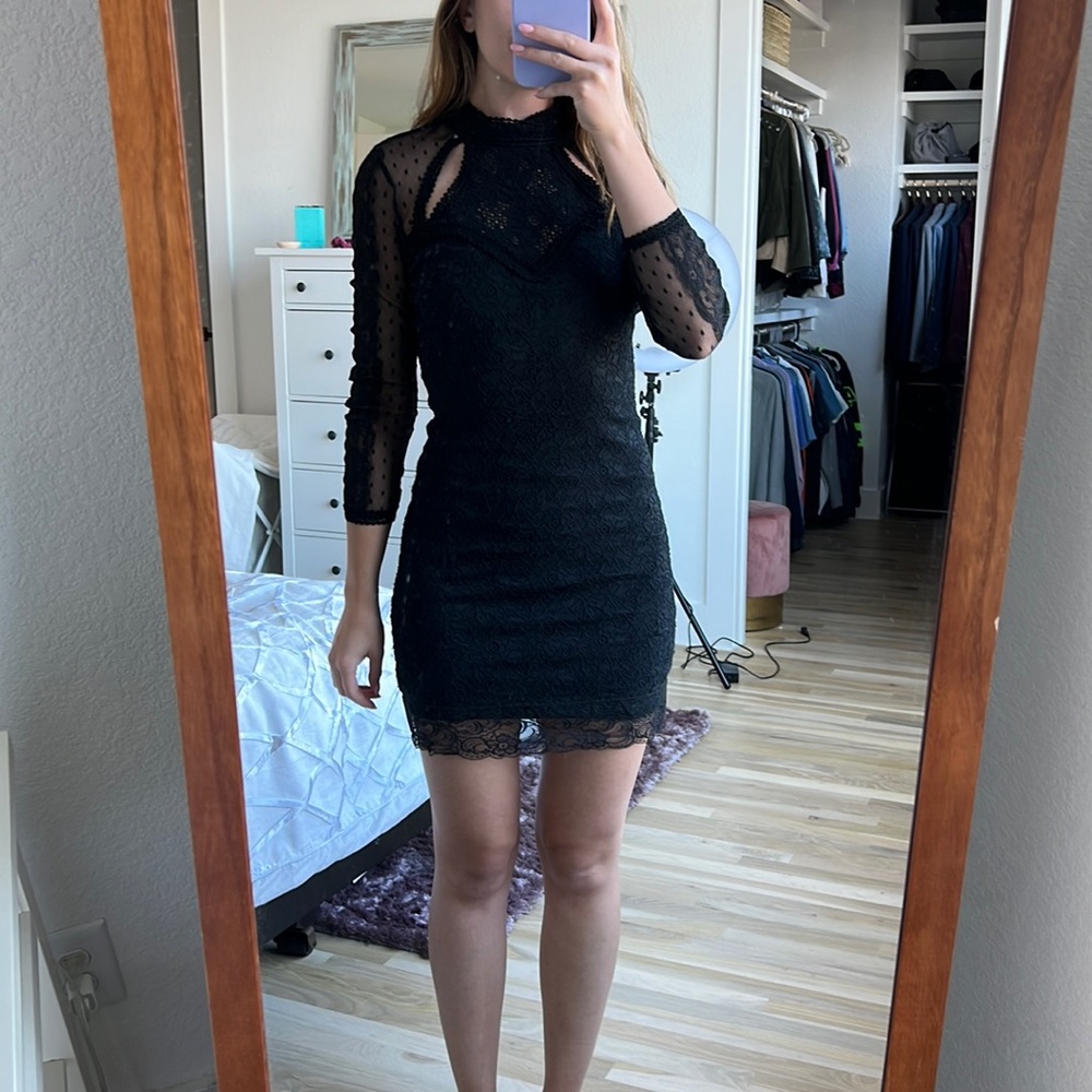 Free People black lace cut out body con dress! The perfect little black dress